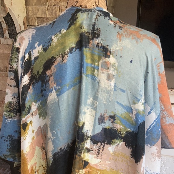 Riah Fashion blue distressed paint splatter open front layering kimono shawl - Picture 13 of 15